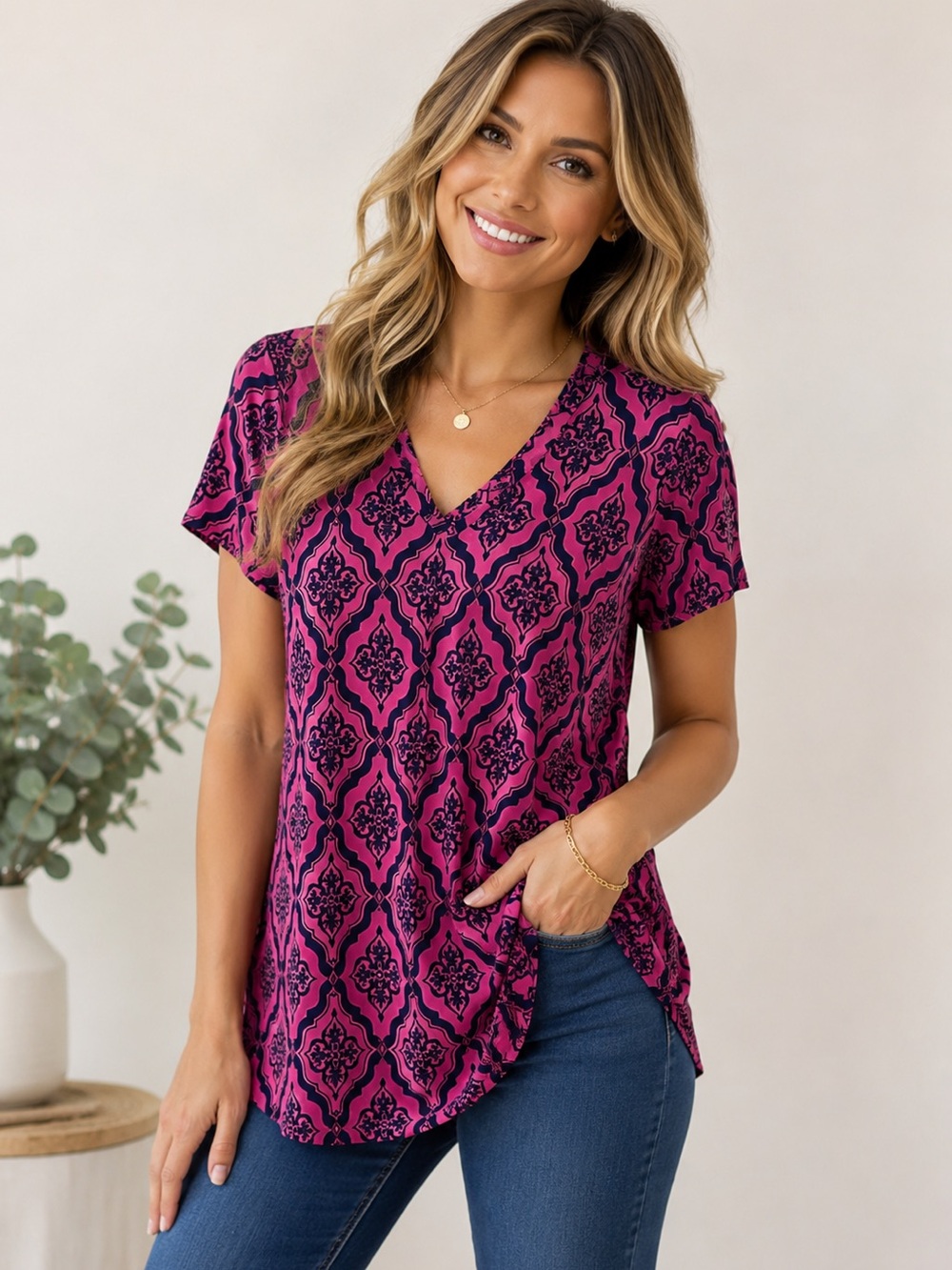 HONEYME PINK AND BLUE V-NECK SHORT SLEEVE TUNIC MEASUREMENTS IN DESCRIPTION